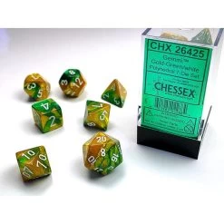 Chessex Polyhedral 7-Die Set Gemini Gold-Green/White